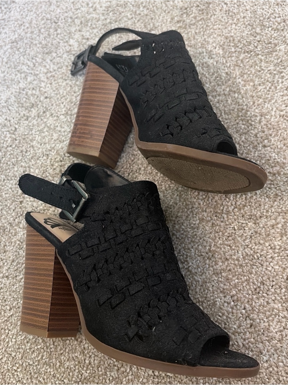 Fergalicious Black Woven Peep-Toe Block Heel Sandals